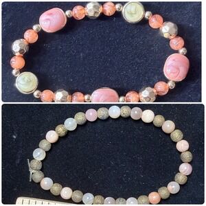 Lot 2 Stretch‎ Beaded Bracelets Pink Gold Tone Mixed Stone Enamel Boho Stack